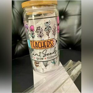 16 oz Libbey Glass Beer Can with Bamboo Lid Brush and Glass Straw - Teacher